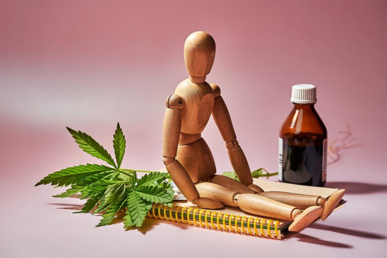 Wooden man sitting next to notepad, hemp, and CBD oil in a glass bottle.